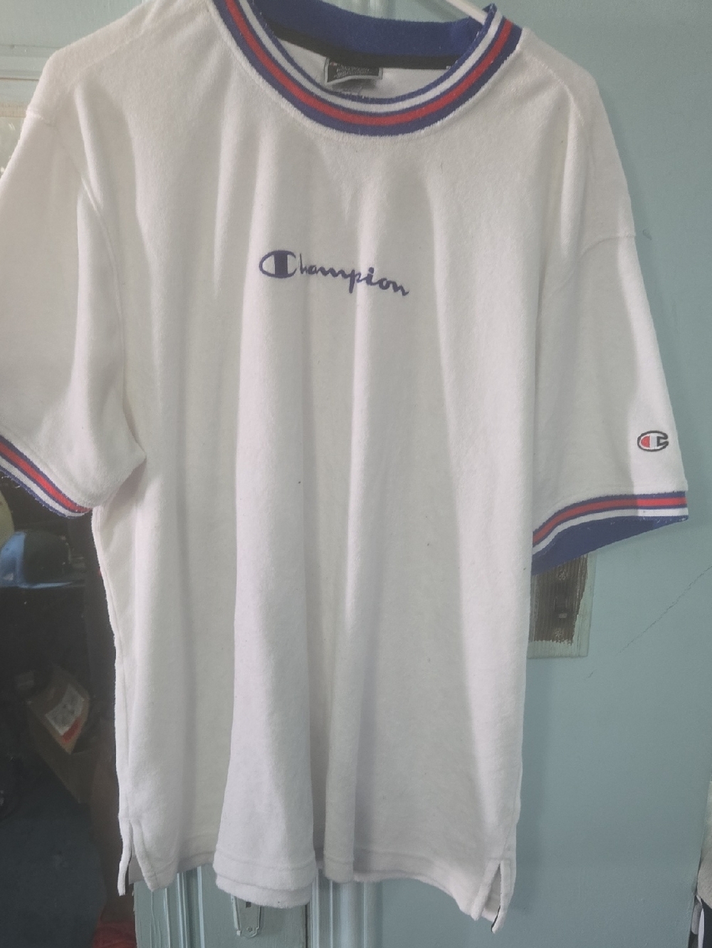 Champion Velour White Tee with Red & Blue Ringer Details